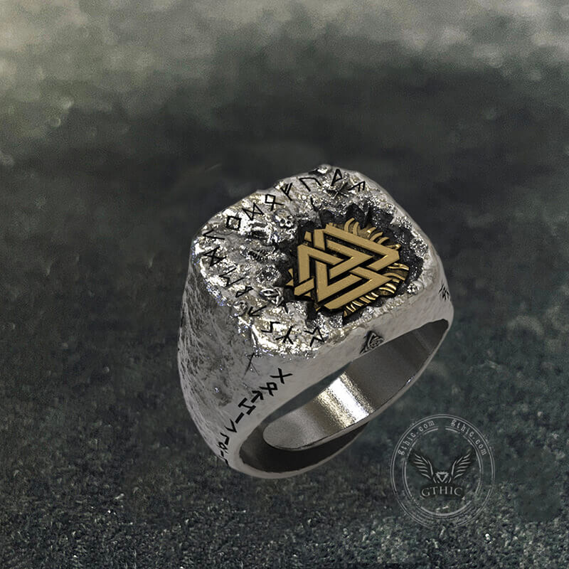 Valknut Runes Sterling Silver Inlaid Brass Viking Ring | Gthic.com