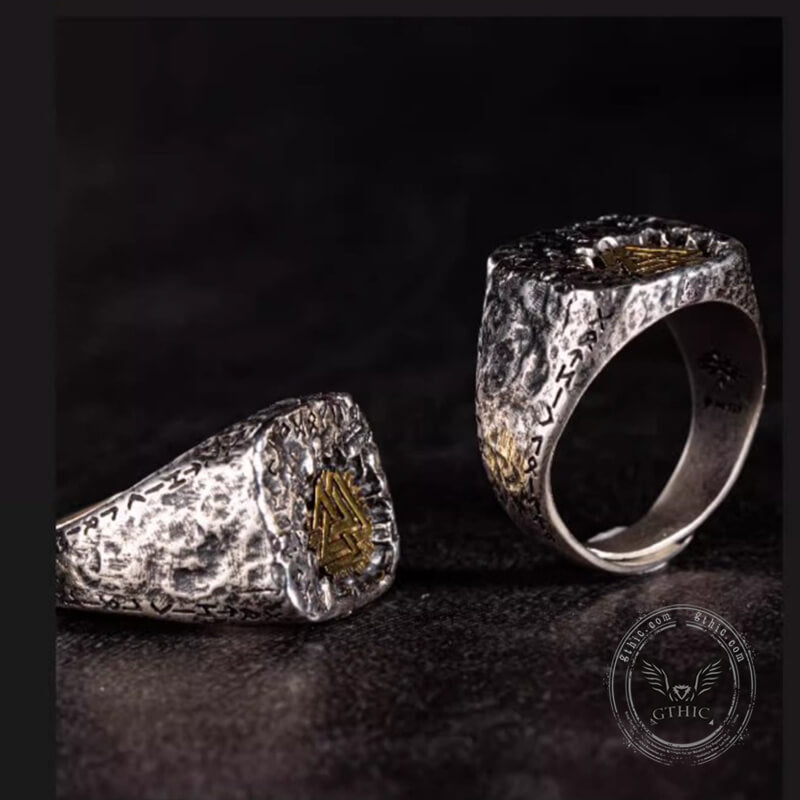 Valknut Runes Sterling Silver Inlaid Brass Viking Ring | Gthic.com