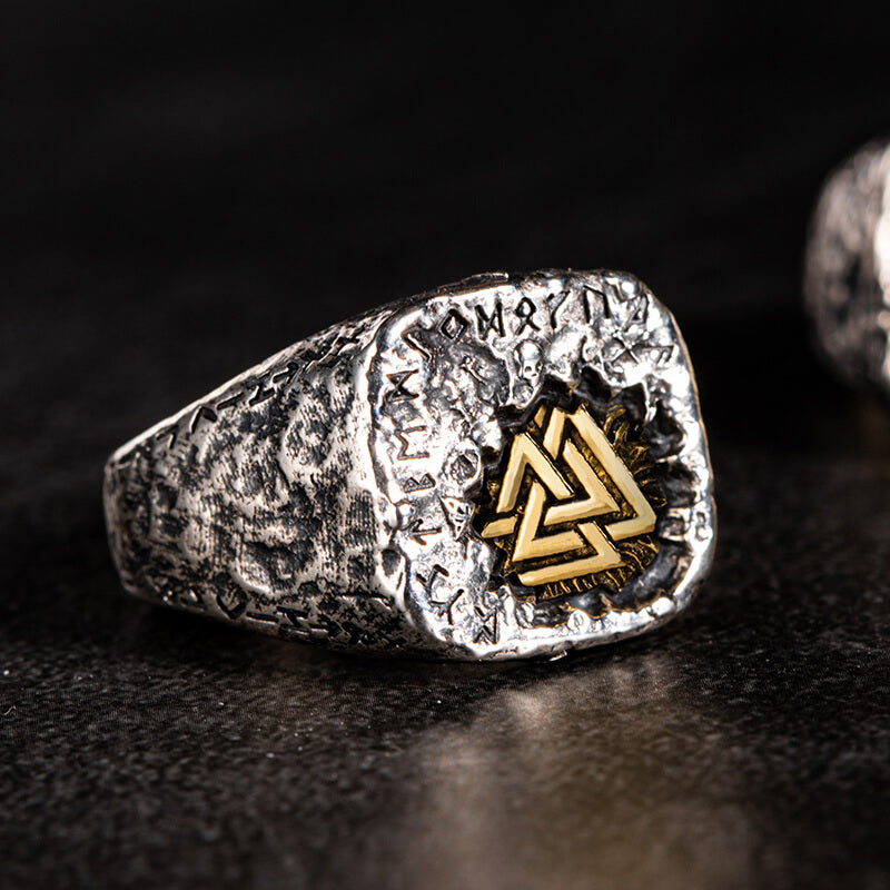 Valknut Runes Sterling Silver Inlaid Brass Viking Ring | Gthic.com