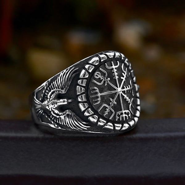 Vegvísir Raven Stainless Steel Viking Ring | Gthic.com