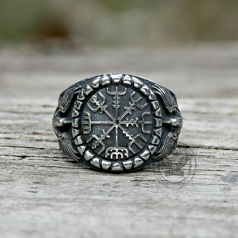 Mens Norse Viking Axe & Vegvisir Compass Ring - Stainless Steel Size 7-16, Silver Finish