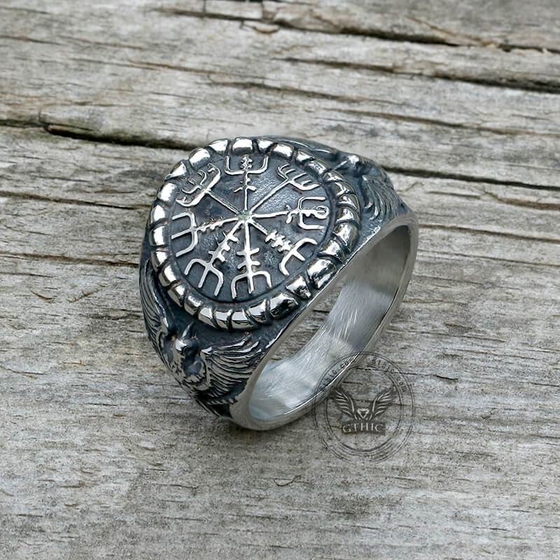 Vegvísir Raven Stainless Steel Viking Ring | Gthic.com