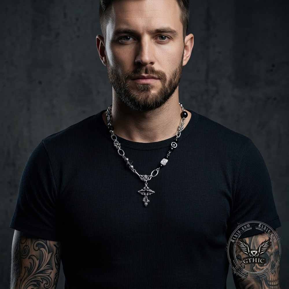 Versatile Beaded Splicing Stainless Steel Cross Necklace | Gthic.com
