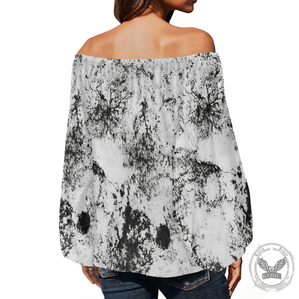 Versatile Ink-Splashed Print Loose Off-Shoulder Top 03 | Gthic.com