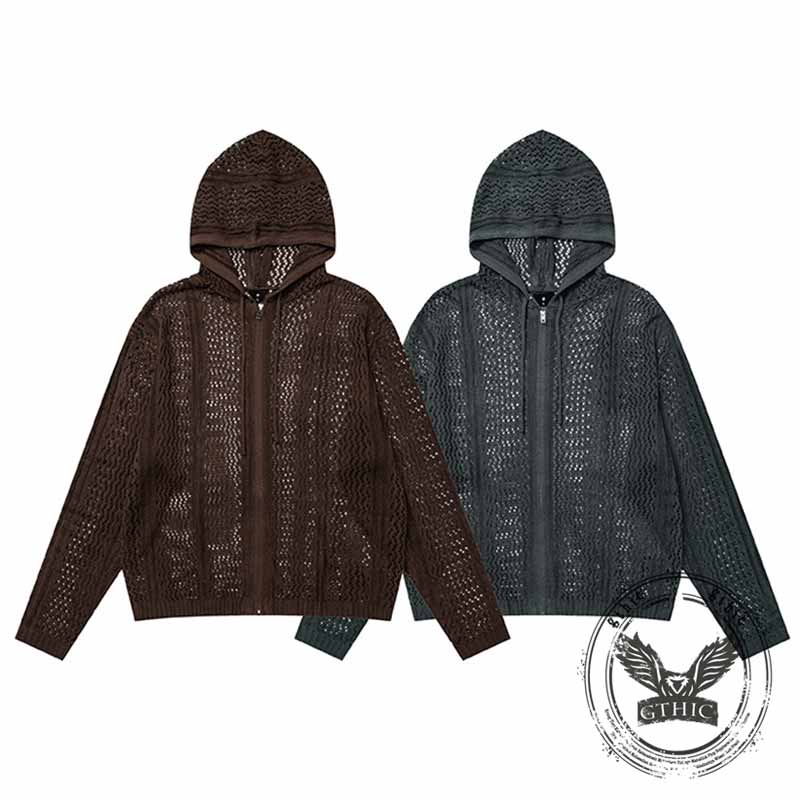 Versatile Openwork Loose Hooded Zip Cardigan Sweater | Gthic.com