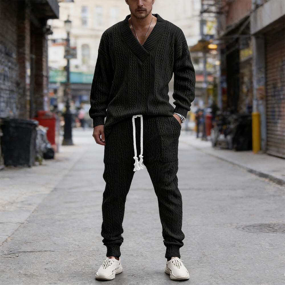 Versatile V-Neck Jacquard Casual Knit Top Pants Set | Gthic.com