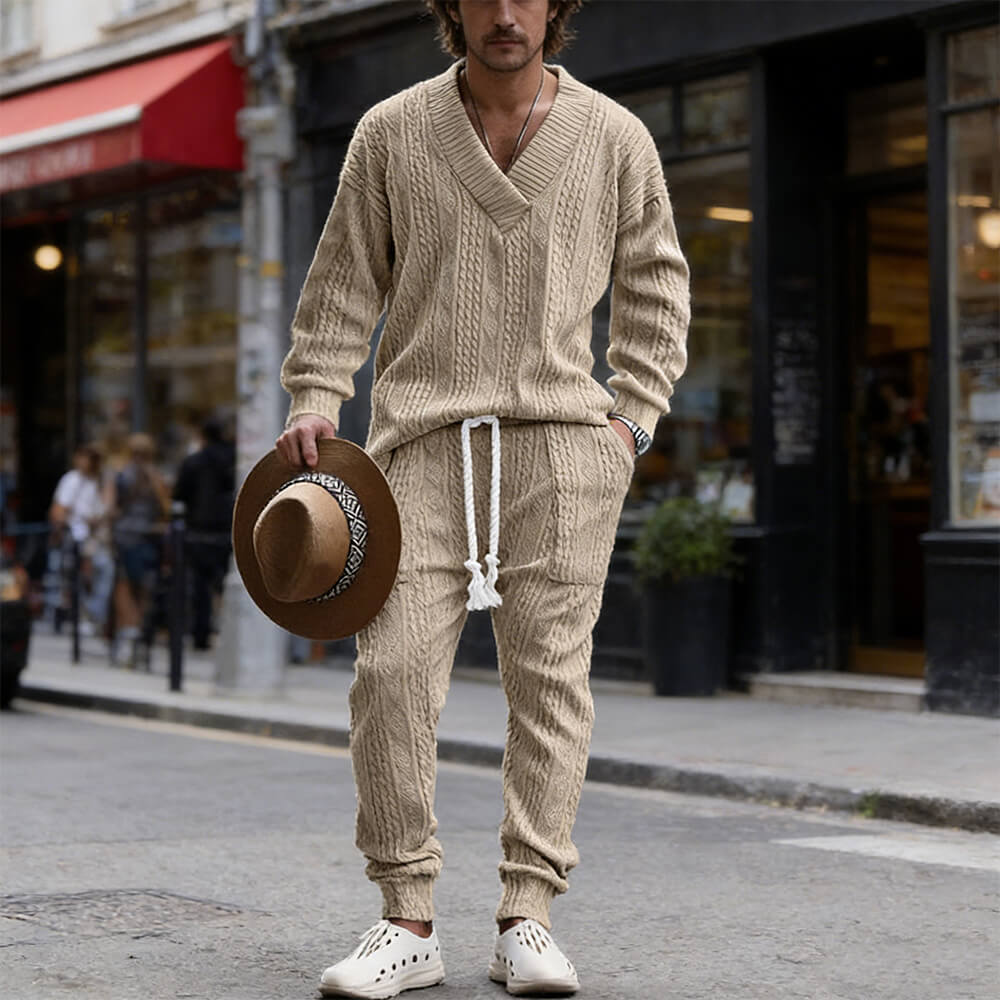 Versatile V-Neck Jacquard Casual Knit Top Pants Set | Gthic.com