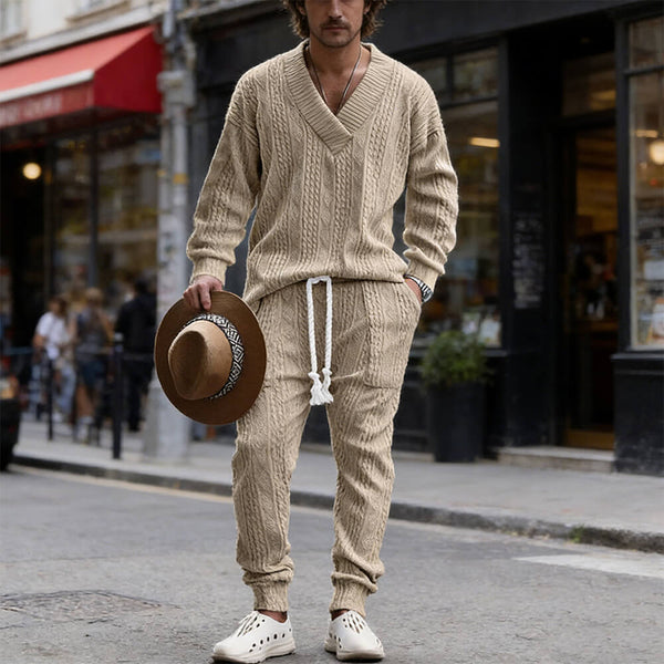 Versatile V-Neck Jacquard Casual Knit Top Pants Set | Gthic.com