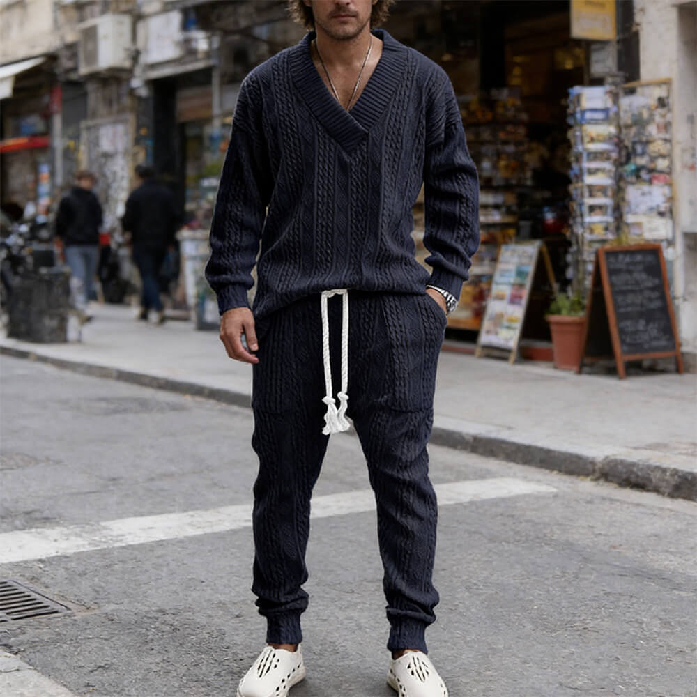 Versatile V-Neck Jacquard Casual Knit Top Pants Set | Gthic.com