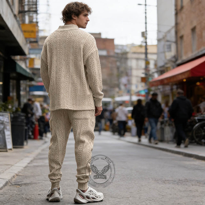 Versatile V-Neck Jacquard Casual Knit Top Pants Set