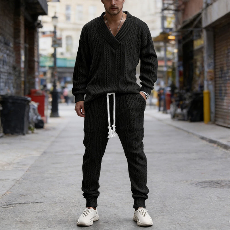 Versatile V-Neck Jacquard Casual Knit Top Pants Set | Gthic.com