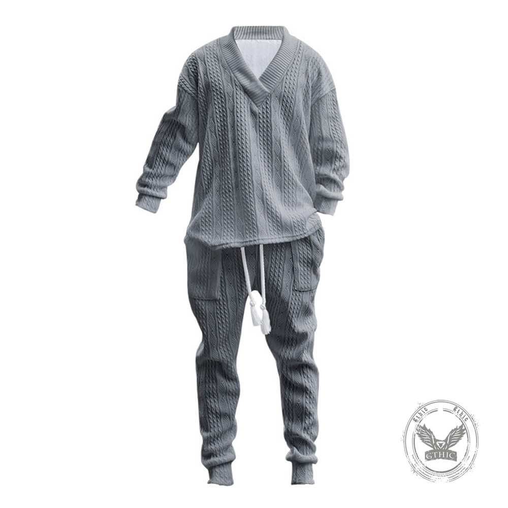 Versatile V-Neck Jacquard Casual Knit Top Pants Set