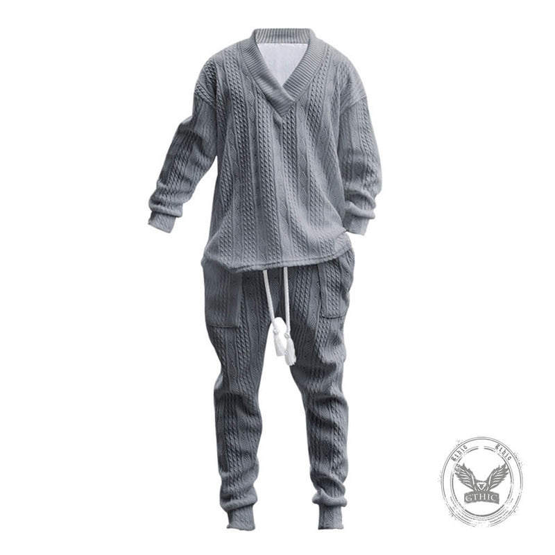 Versatile V-Neck Jacquard Casual Knit Top Pants Set