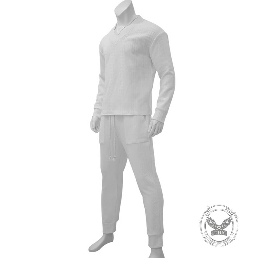 Versatile V-Neck Jacquard Casual Knit Top Pants Set