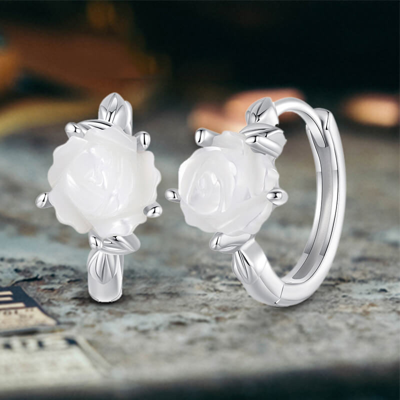 Versatile White Rose Flower Sterling Silver Buckle Earrings | Gthic.com
