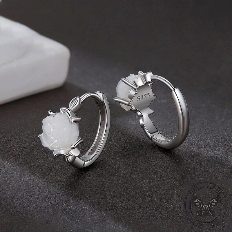 Versatile White Rose Flower Sterling Silver Buckle Earrings | Gthic.com