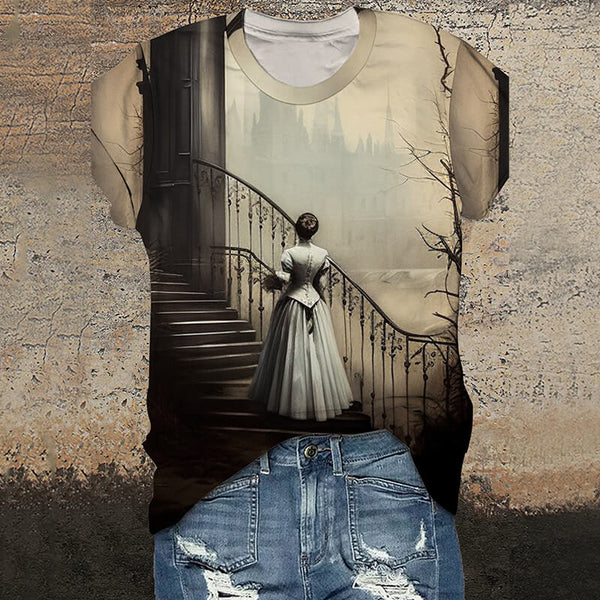 Victorian Castle in the Mist Round Neck Short Sleeve T-Shirt | Gthic.com