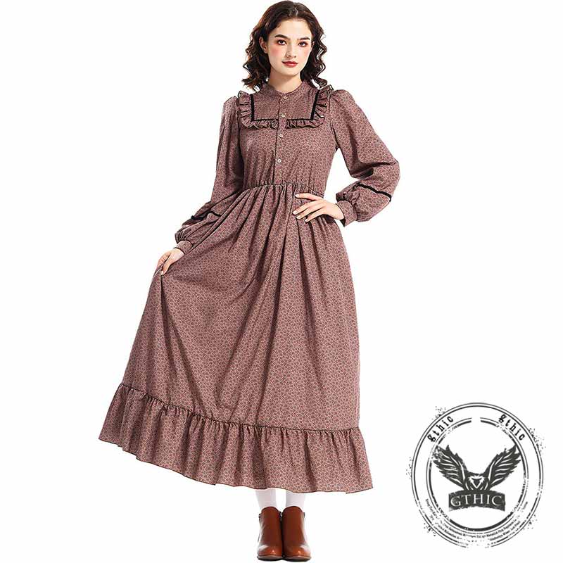 Victorian Medieval Pastoral Floral Brown Dress