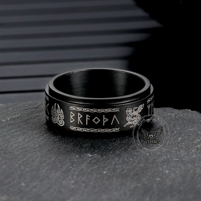 Viking Animal Runes Stainless Steel Spinner Ring