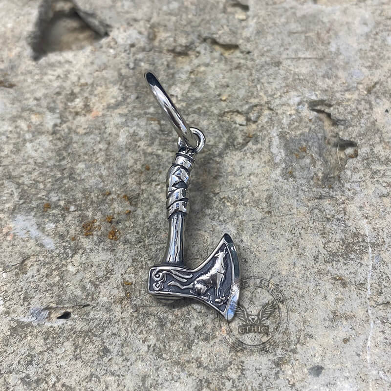 Viking Axe Wolf Stainless Steel Earrings 02 | Gthic.com