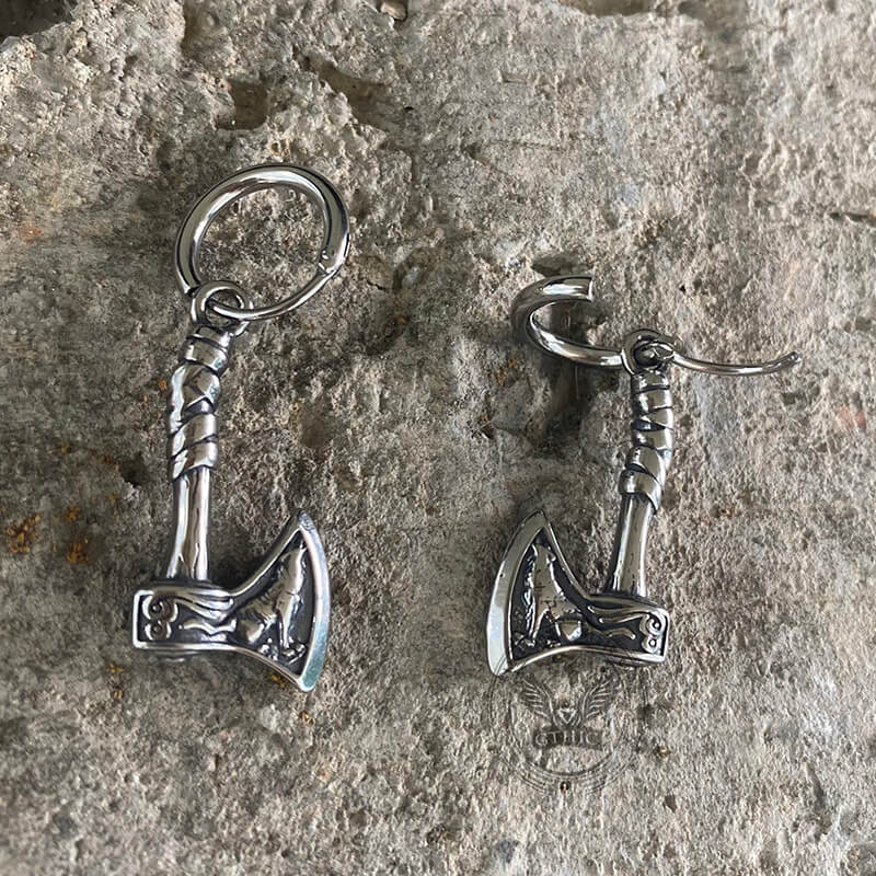 Viking Axe Wolf Stainless Steel Earrings