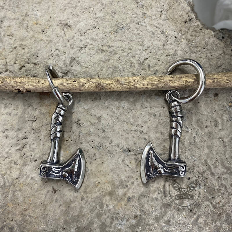 Viking Axe Wolf Stainless Steel Earrings 04 | Gthic.com