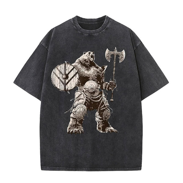 Viking Bear Warrior Print Washed T-shirt | Gthic.com