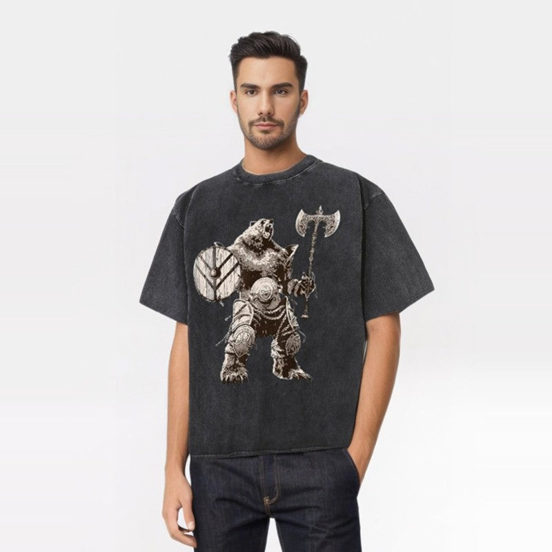 Viking Bear Warrior Print Washed T-shirt | Gthic.com