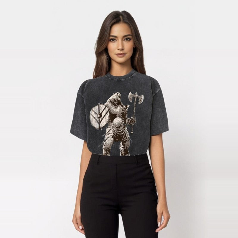 Viking Bear Warrior Print Washed T-shirt | Gthic.com