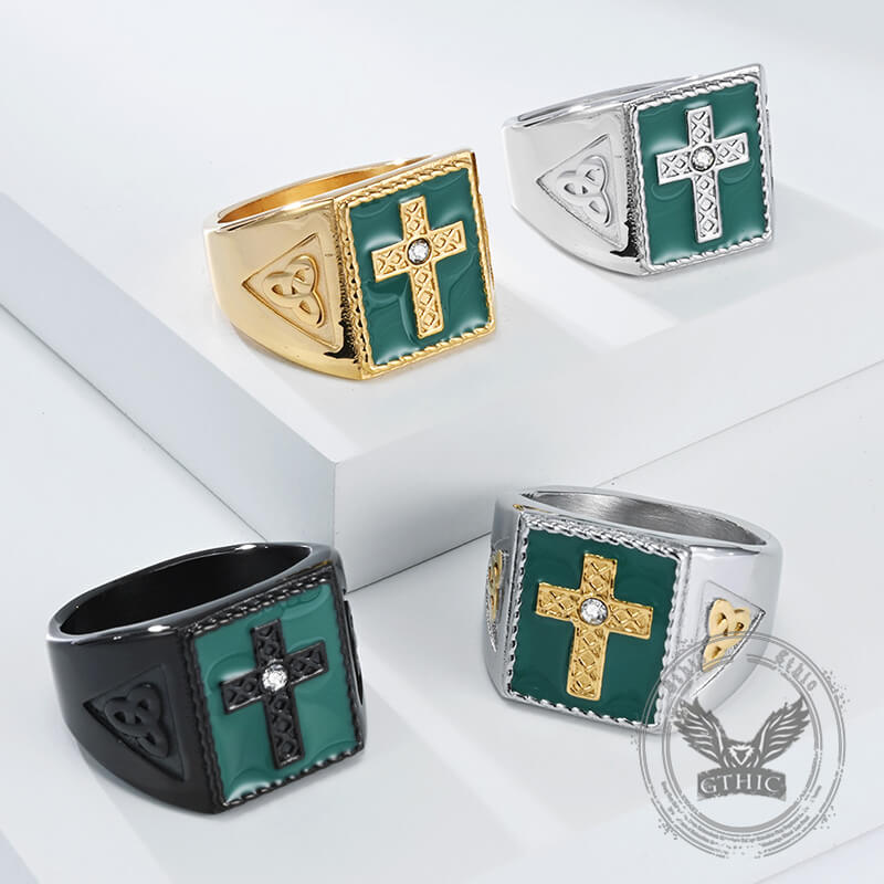 Viking Celtic Knot Gem Cross Stainless Steel Nordic Ring | Gthic.com