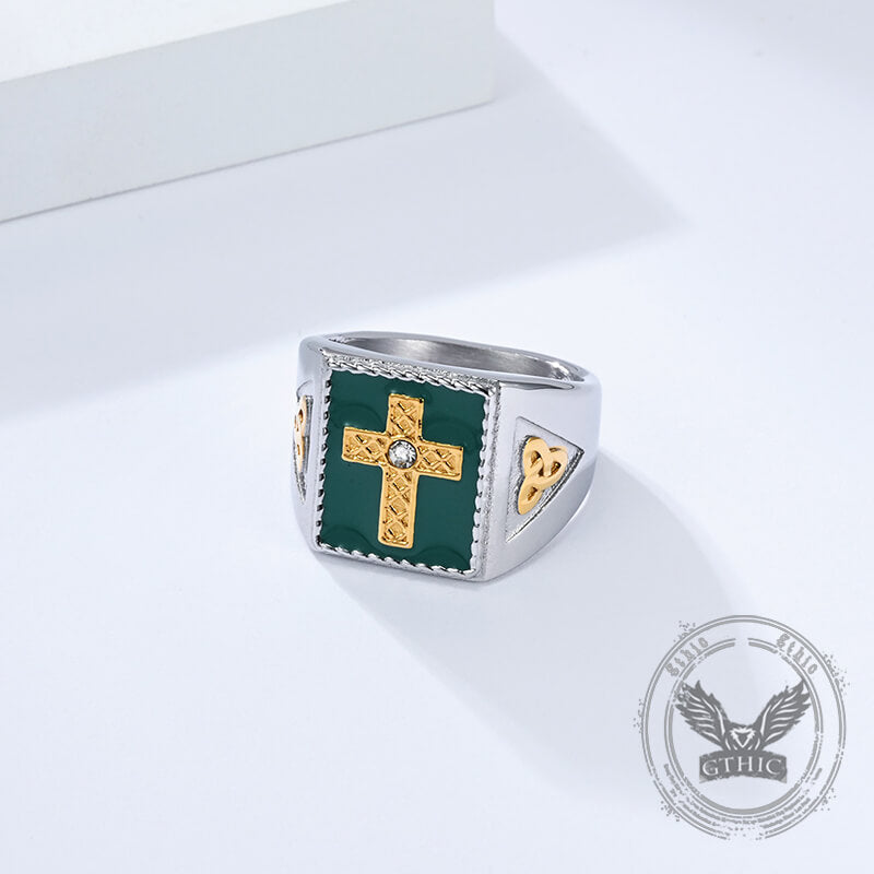 Viking Celtic Knot Gem Cross Stainless Steel Nordic Ring | Gthic.com