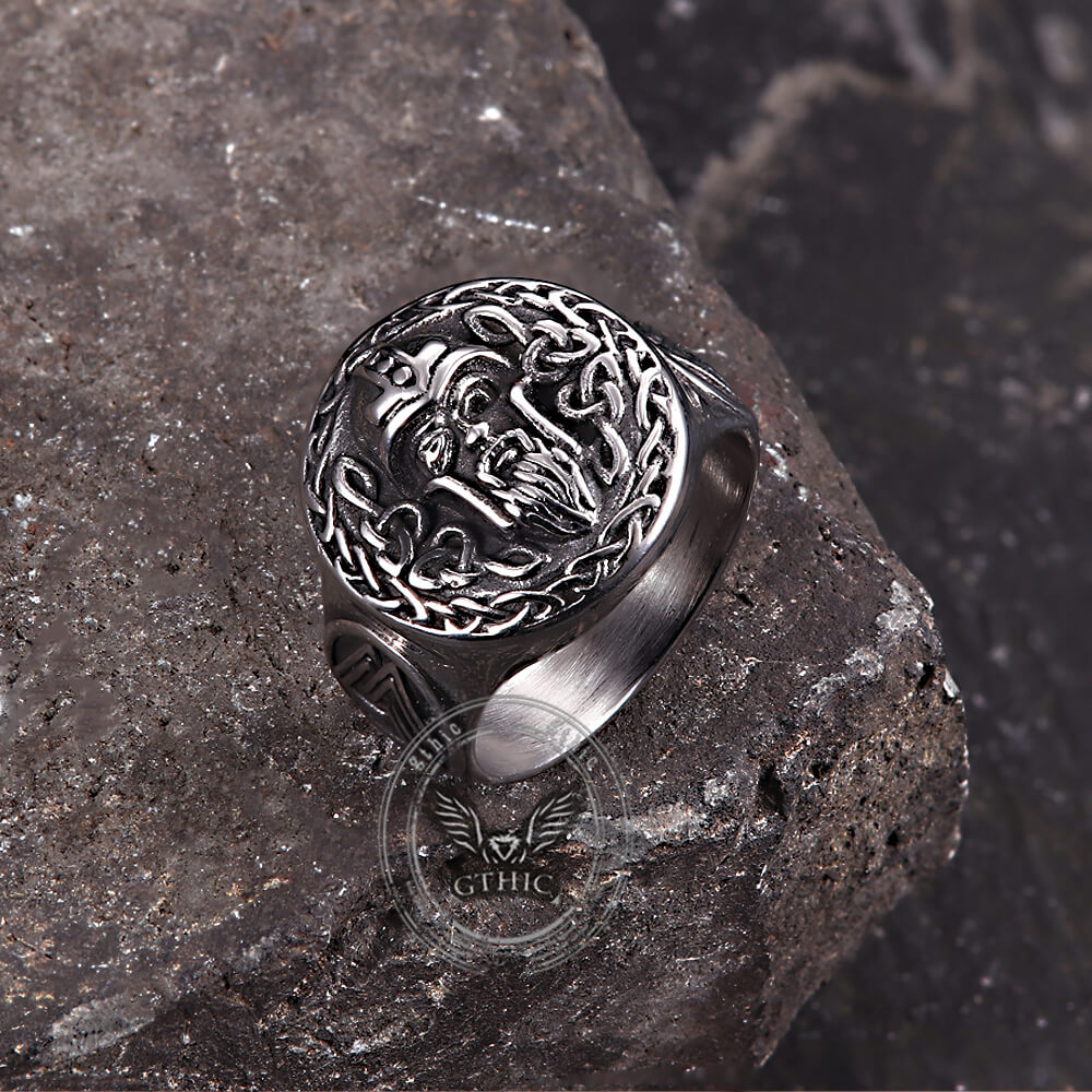 Viking Celtic Knot Odin Head Stainless Steel Ring | Gthic.com