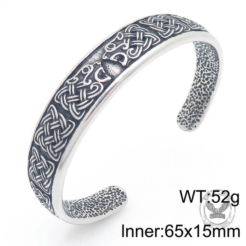 Viking Celtic Knot Wolf Head Stainless Steel Open Bracelet