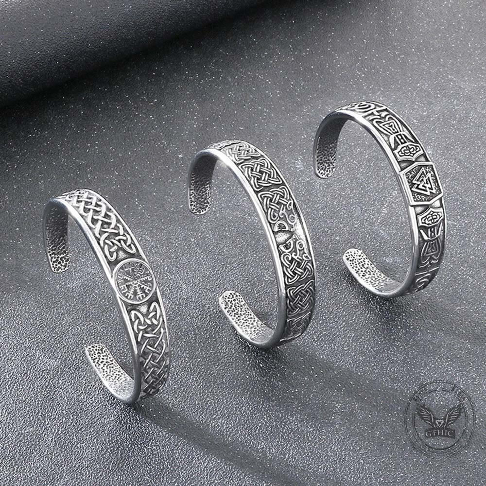 Viking Celtic Knot Wolf Head Stainless Steel Open Bracelet | Gthic.com