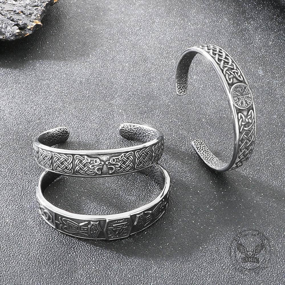 Viking Celtic Knot Wolf Head Stainless Steel Open Bracelet