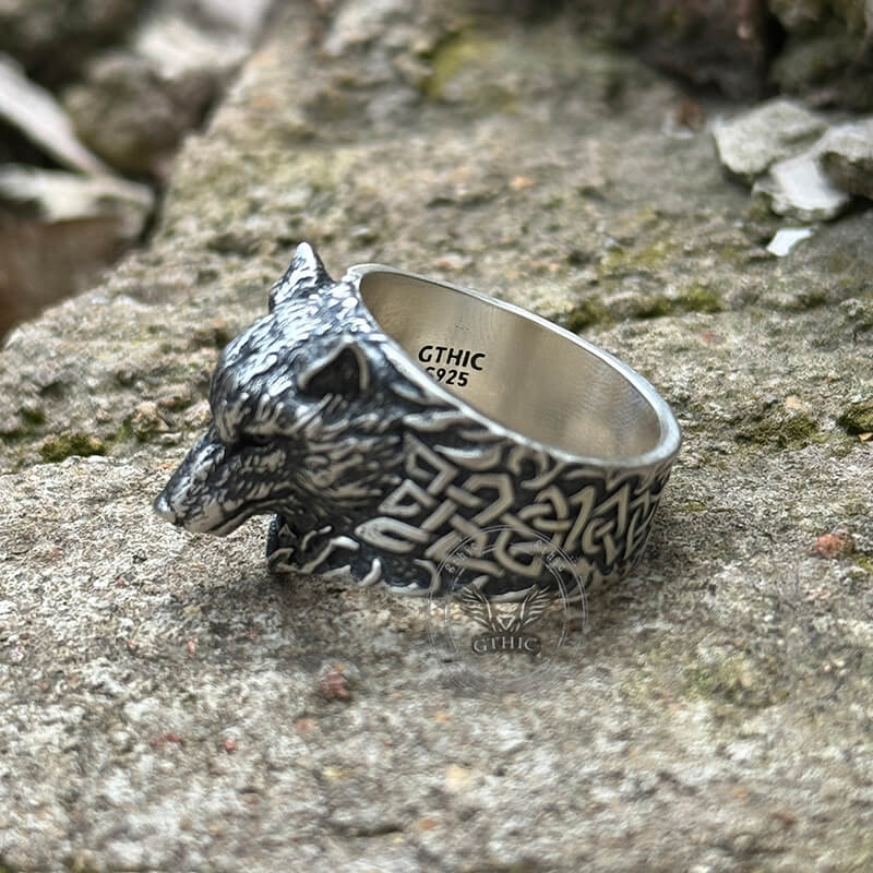 Viking Celtic Knot Wolf Head Sterling Silver Ring | Gthic.com