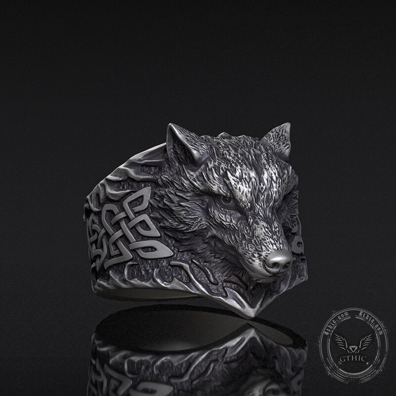 Viking Celtic Knot Wolf Head Sterling Silver Ring | Gthic.com