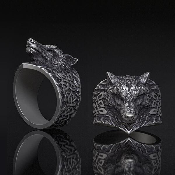 Viking Celtic Knot Wolf Head Sterling Silver Ring | Gthic.com