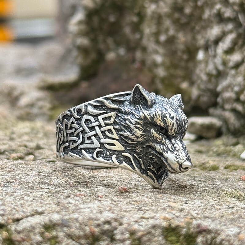 Viking Celtic Knot Wolf Head Sterling Silver Ring | Gthic.com
