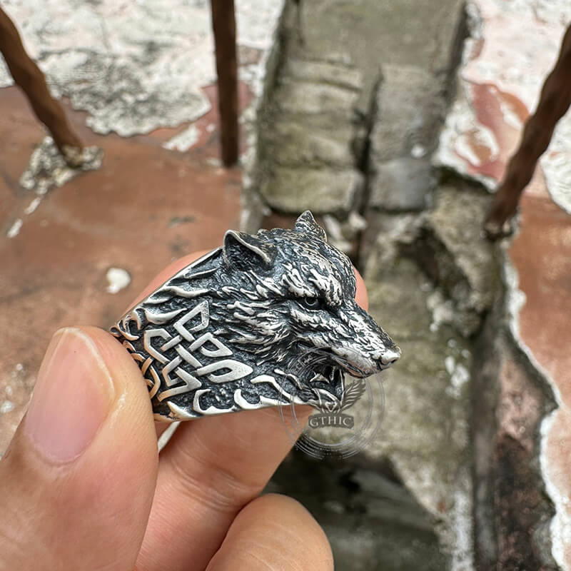 Viking Celtic Knot Wolf Head Sterling Silver Ring | Gthic.com