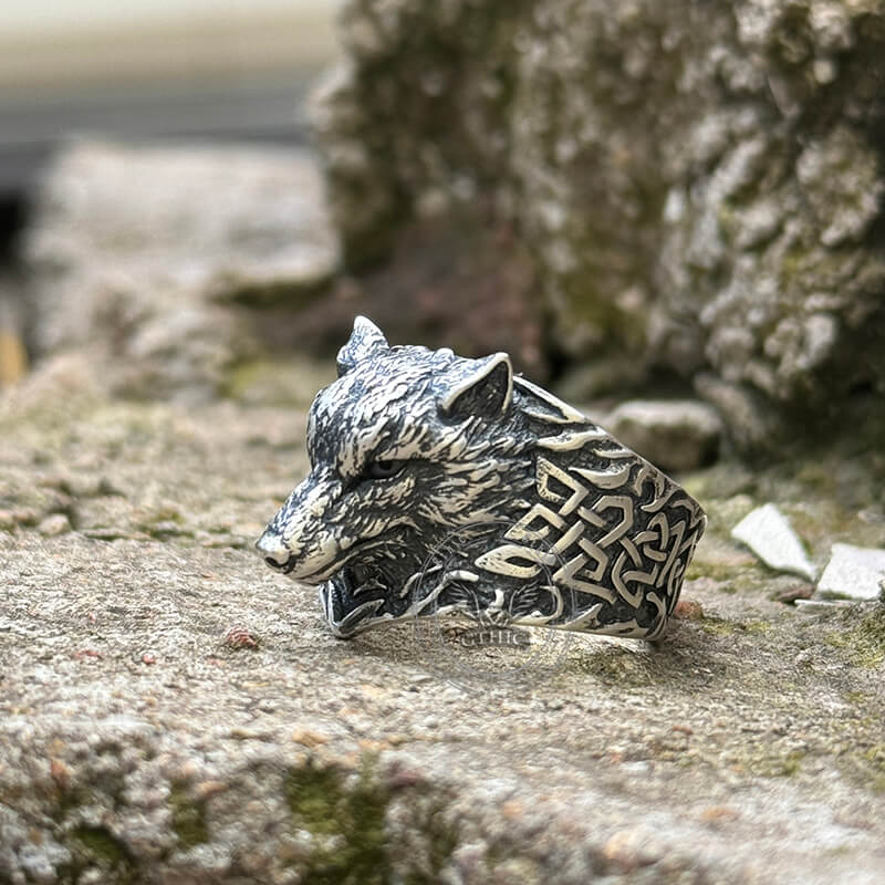 Viking Celtic Knot Wolf Head Sterling Silver Ring | Gthic.com