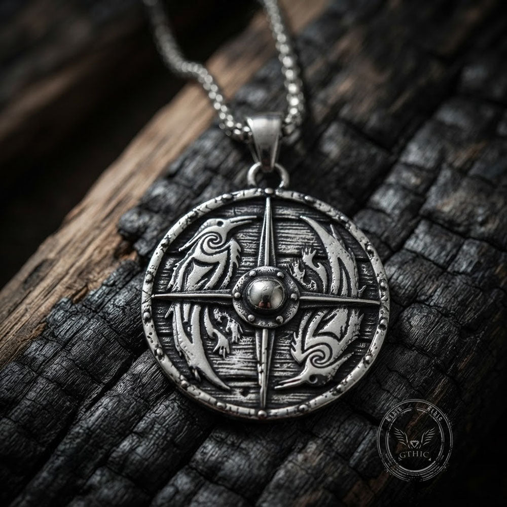 Viking Compass Stainless Steel Norse Raven Pendant