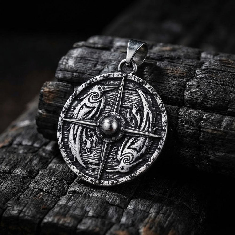 Viking Compass Stainless Steel Norse Raven Pendant