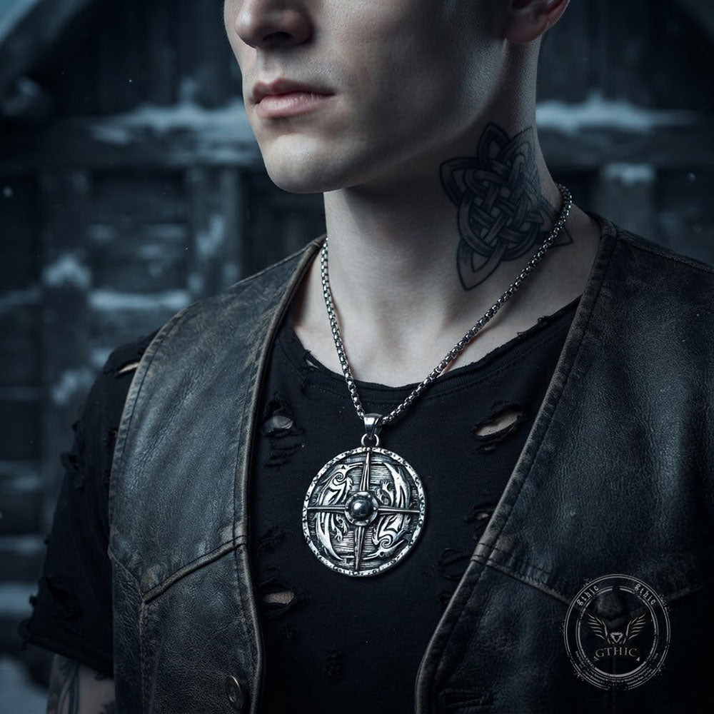 Viking Compass Stainless Steel Norse Raven Pendant | Gthic.com