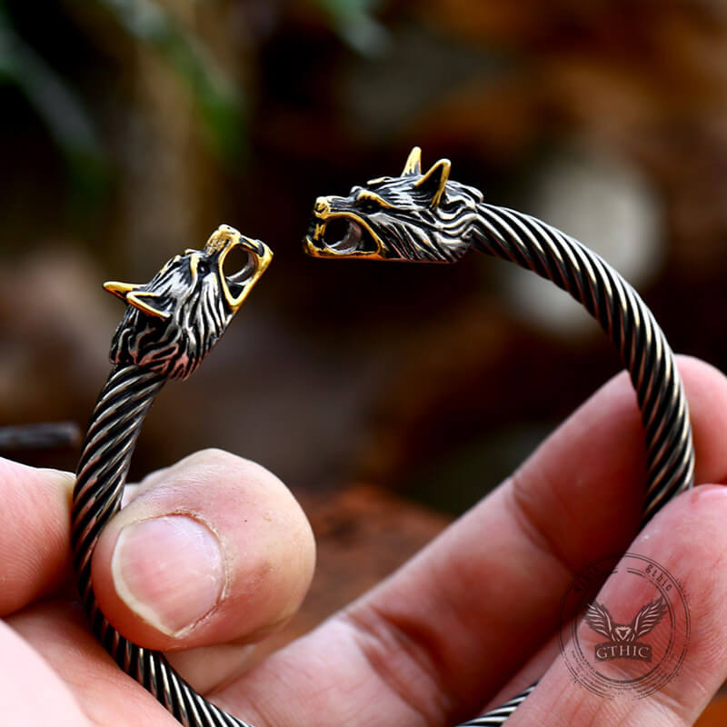 Viking Dominating Double Wolf Head Stainless Steel Open Bracelet | Gthic.com