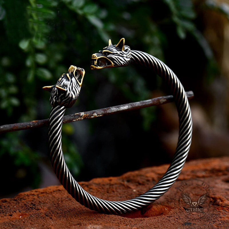 Viking Dominating Double Wolf Head Stainless Steel Open Bracelet | Gthic.com
