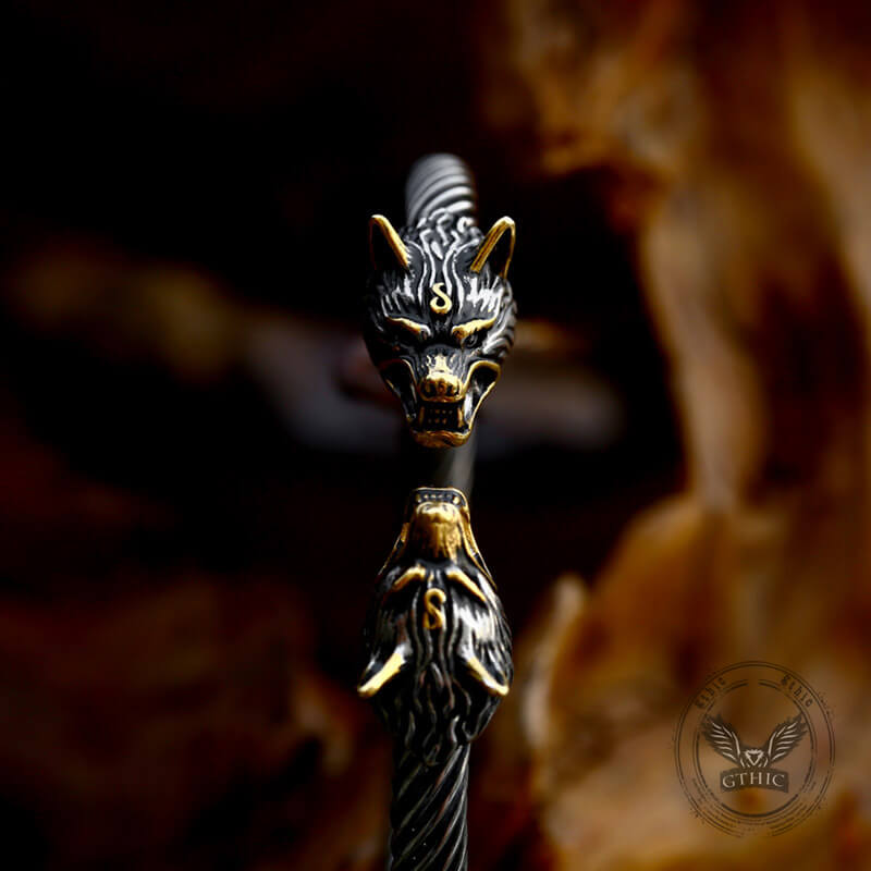 Viking Dominating Double Wolf Head Stainless Steel Open Bracelet | Gthic.com