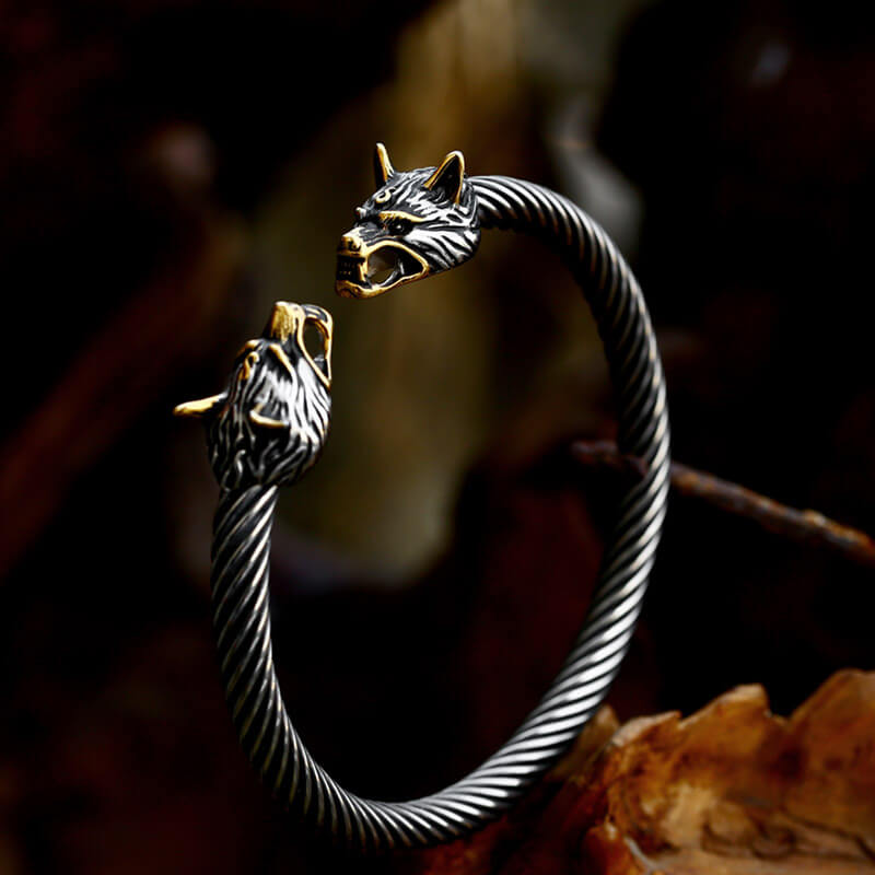 Viking Dominating Double Wolf Head Stainless Steel Open Bracelet