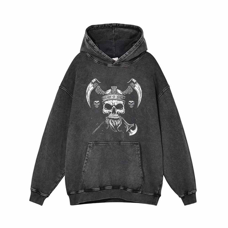 Viking Double Axe Skull Vintage Washed Hoodie 01 | Gthic.com