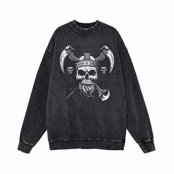 Viking Double Axe Skull Vintage Washed Sweatshirt 01 | Gthic.com